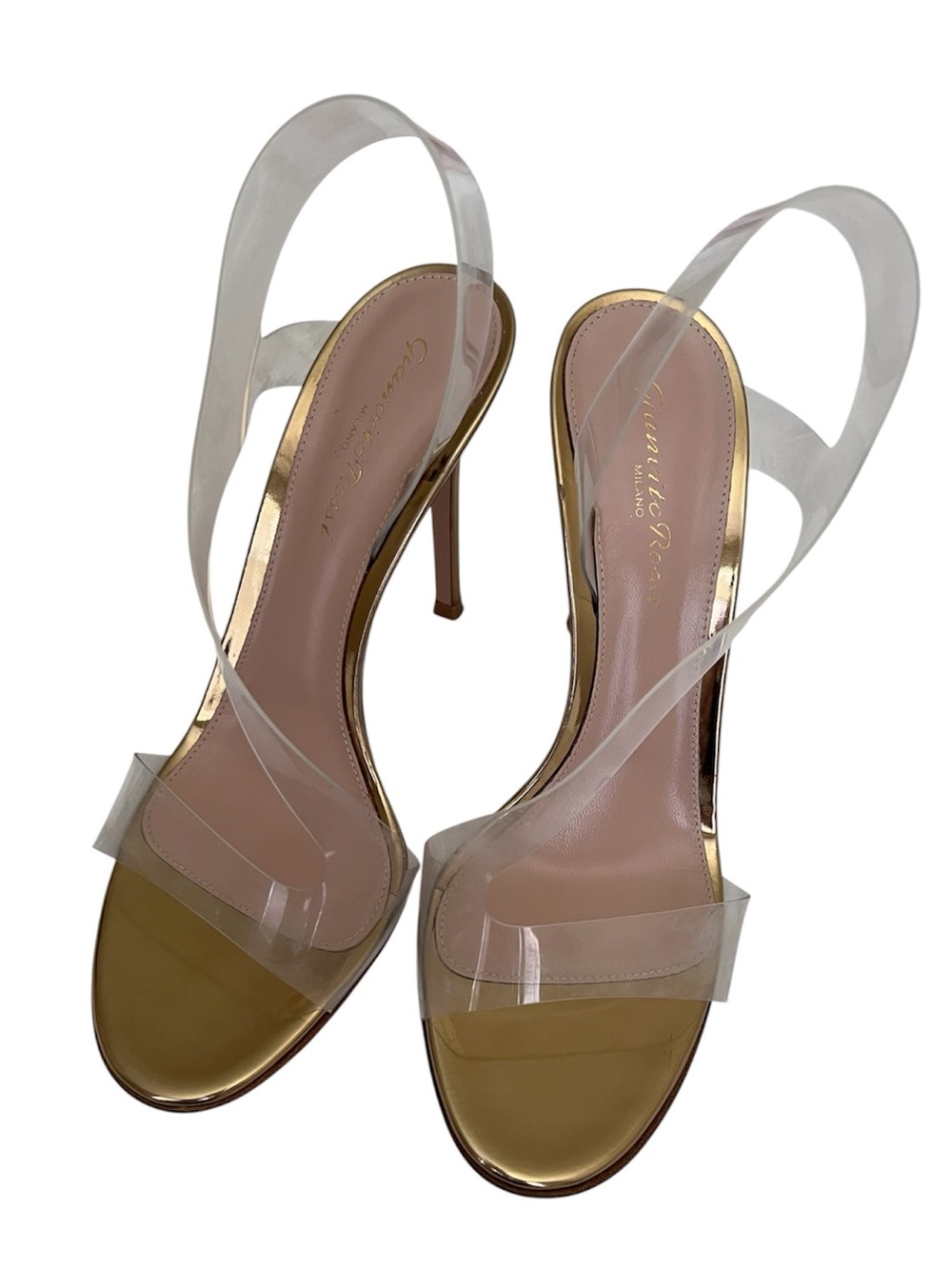 Gianvito Rossi Metropolis Glass Trasp Clear Gold Strappy Sandals Heels 37.5 37 7 - Picture 6 of 15